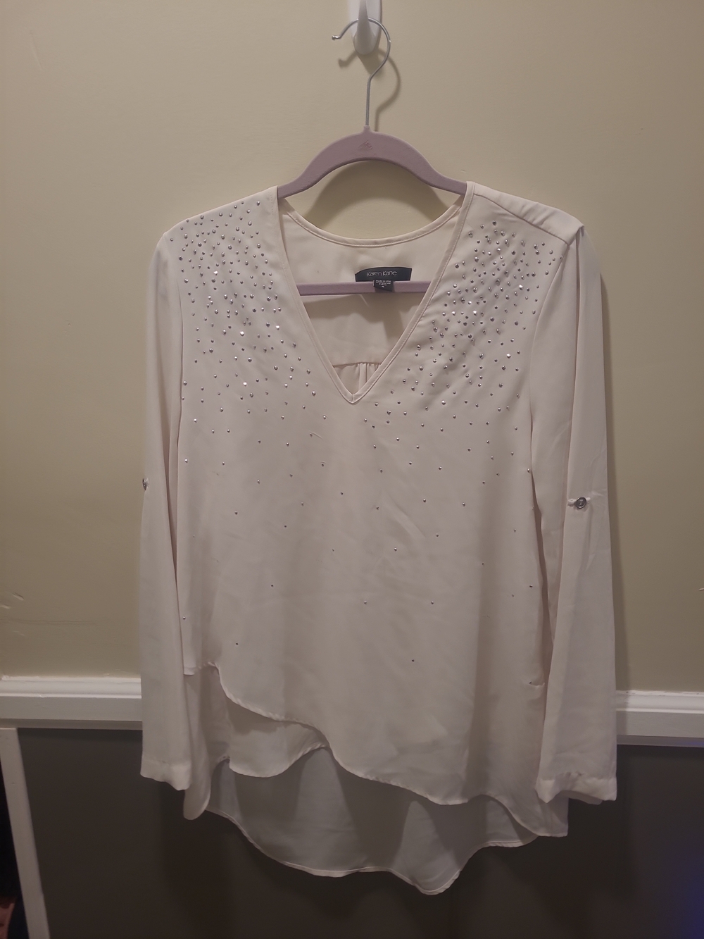 Karen Kane Cream Embellished Sequin Blouse Semi Sheer Flowy Neck Polyester Small